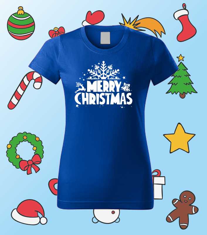 Vánoční dámské tričko s potiskem MERRY CHRISTMAS Vločka