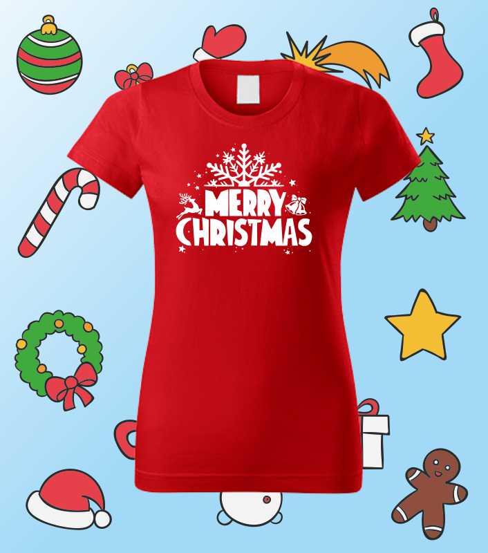 Vánoční dámské tričko s potiskem MERRY CHRISTMAS Vločka